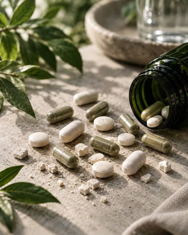 Capsules and tablets spilling from a dark glass bottle onto a stone table