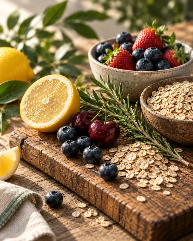 Cherries, blueberries, rosemary, oats and a halved lemon on a wooden board