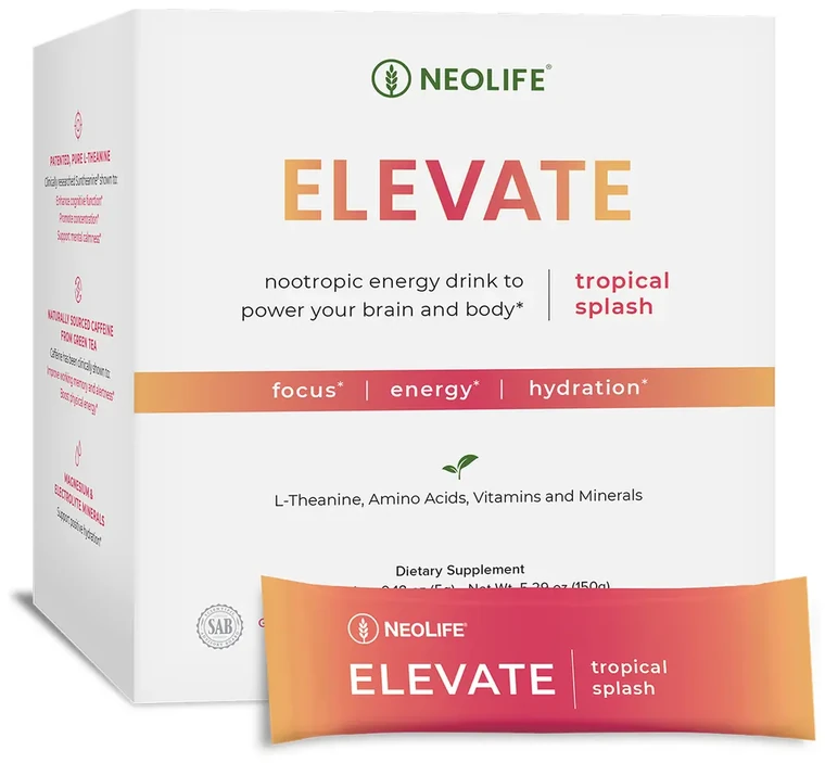 NeoLife Elevate nootropic energy drink, tropical splash, box and sachet