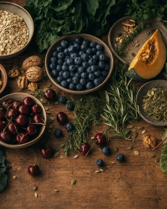 An abundant spread of whole foods, berries and herbs on a wooden table