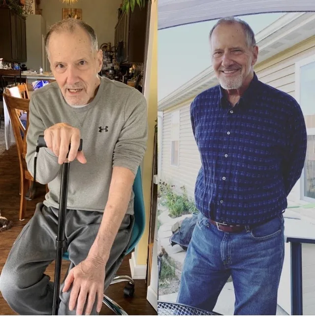 Before and after: the same older man, seated with a cane, then standing outside smiling