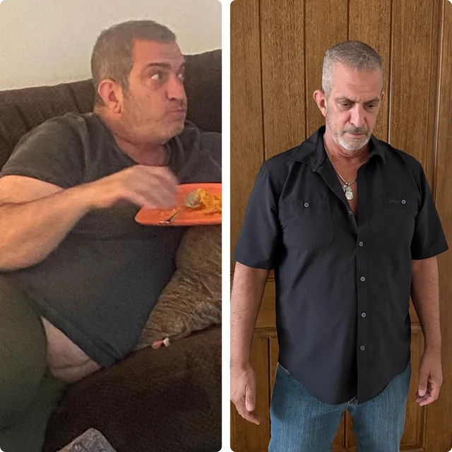 Before and after: the same man, seated on a couch, then standing in a black button-down shirt