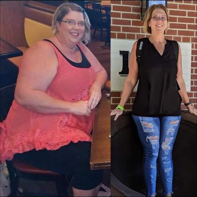 Before and after: the same woman, seated in a coral top, then standing in a black top and jeans
